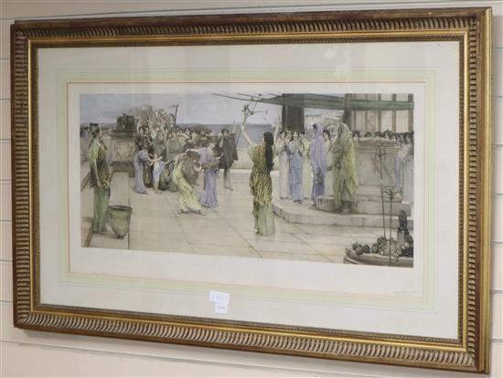 Augustus Blanchard after Alma Tadema- coloured engraving, Classical procession on a terrace, signed in pencil by both artists 44 x 90cm